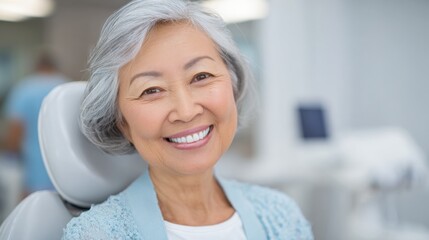 A cheerful senior woman expresses joy while seated in a dental chair ready for her check up.