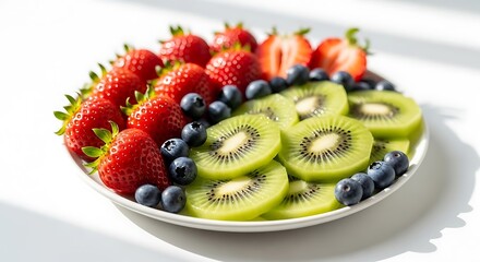 Vibrant fruit salad bowl with strawberries blueberries and kiwi