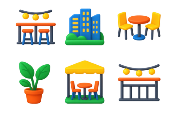 Urban Rooftop Cafe Icons. 3D icon set of urban rooftop cafe elements: railing seating, ambient lights, city views, bistro tables,