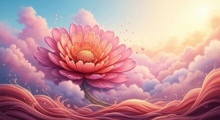Dreamy fantasy pink flower blooming amidst ethereal clouds and soft sunlight