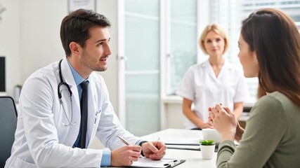Male doctor attentively listening to female patient during consultation, with a nurse observing in a bright, modern medical office. Professional healthcare interaction and support. - Powered by Adobe