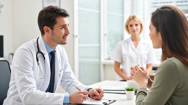Male doctor attentively listening to female patient during consultation, with a nurse observing in a bright, modern medical office. Professional healthcare interaction and support.