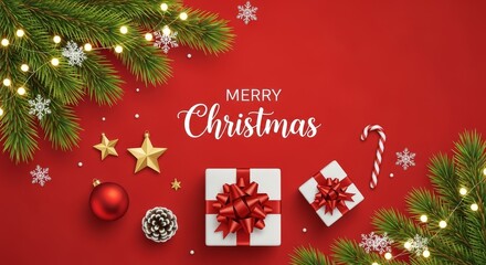 The stylized red script of "Merry Christmas" is prominently featured against a busy festive background of gifts, toys, and pine branches.
