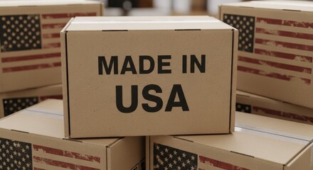 A close-up of the essential shipping label indicates production origin and emphasizes themes of commerce and logistics.