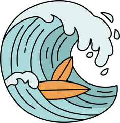 Illustration of Surfboard Riding a Blue Ocean Wave vector shape