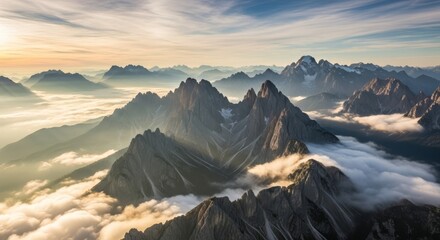 Majestic mountain peaks pierce through a thick layer of swirling fog or low-hanging clouds in this dramatic landscape.