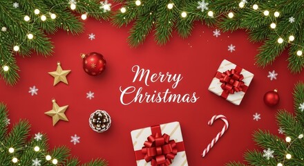 A decorative holiday greeting, "Merry Christmas," is overlaid on a vibrant red background packed with candy, gifts, and green pine foliage.