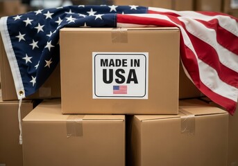 A close-up of a brown cardboard box shows the clear print of the USA flag next to the text "MADE IN USA".