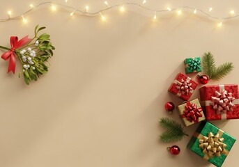 Various sizes of wrapped gifts, adorned with green pine needles and small pinecones, are spread across a light surface.