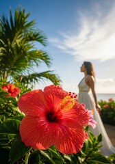 Focusing on the brilliant flower, the photograph relegates the girl in the background to a dreamy, atmospheric element of the scene.