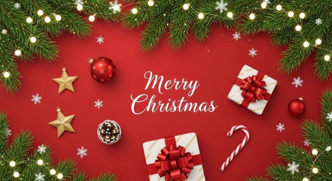 A decorative holiday greeting, "Merry Christmas," is overlaid on a vibrant red background packed with candy, gifts, and green pine foliage.