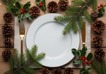 This festive tablescape features a minimalist white plate set against a rich, dark background of natural holiday decorations.