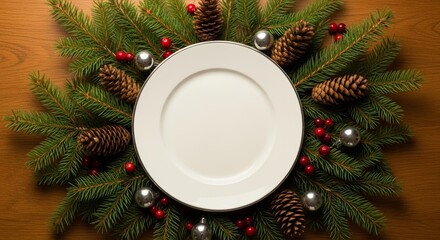 The composition captures the classic Christmas color scheme, contrasting the pure white dish with the deep green foliage and rustic wood.