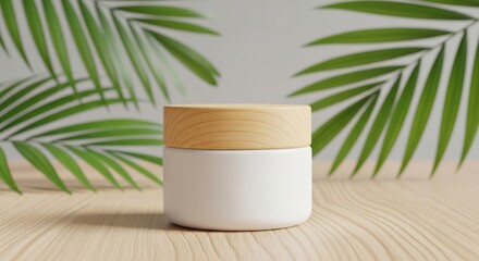 Minimalist white cosmetic jar with natural bamboo lid rests on a wooden surface with lush green palm leaves in the background