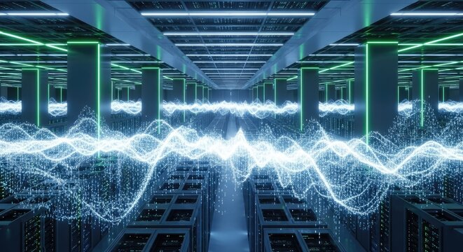 Futuristic digital data flow within a server room, illustrating the concept of advanced technology and information processing