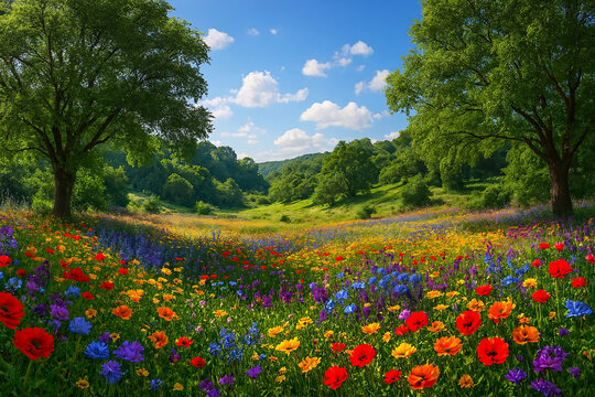 Pradera en flor bajo cielo azul: paisaje natural armonioso con &aacute;rboles y flores silvestres