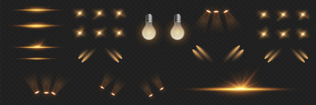 Golden spotlight rays and glowing bulb effects pack