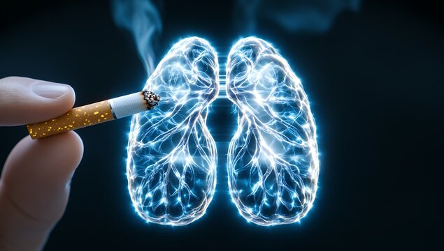 Smoking harms lungs, a lit cigarette and glowing lungs illustrate the damaging effects of tobacco