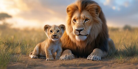 Majestic African lion and its adorable cub resting together in the golden savanna sunset