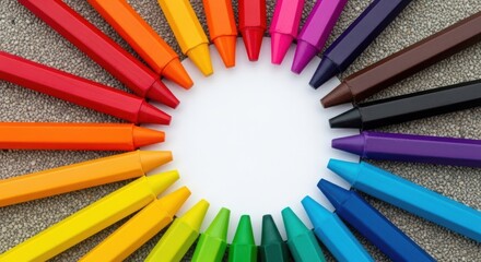 A vibrant circular arrangement of colorful crayons fanned out around a white central space on a textured surface