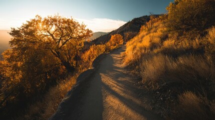 Scenic autumn trail with golden trees at sunset