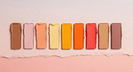 A vibrant spectrum of warm toned pastels arranged in a linear gradient on a soft pink background