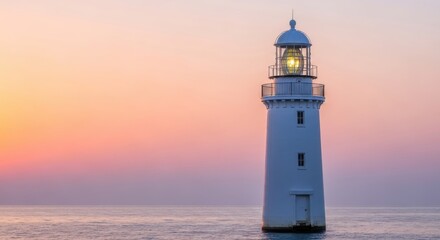 A majestic white lighthouse stands tall against a serene sunset sky over calm ocean waters