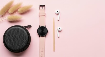 Stylish pink smartwatch with black face earbuds and protective case arranged on a soft pink background with dried floral accents