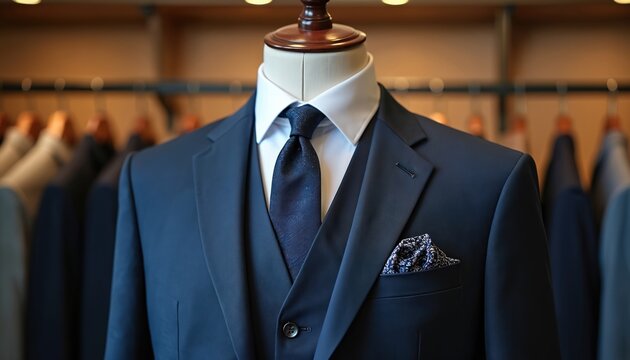 Formal suit on mannequin in shop display. Dark blue jacket vest shirt and tie shown. Other suits hang on rack in background. Luxury men wear.