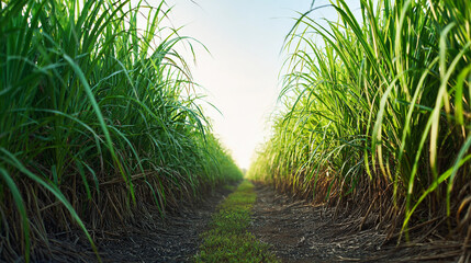 A path leads through a lush green sugarcane field, with the sun shining brightly at the end, creating a sense of hope and opportunity