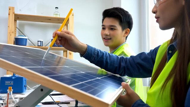 Young Male and Female Engineers Collaborate on Solar Panel Project