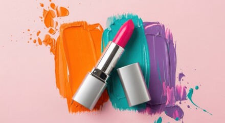 Vibrant pink lipstick showcased against a palette of bold textured paint swatches on a soft pink background