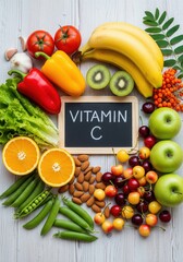 Boost your health with a colorful assortment of vitamin C rich fruits and vegetables on rustic wood background