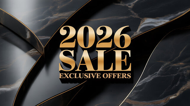 Exclusive 2026 sale design featuring golden text on a dark marble background with elegant ribbons, ideal for promotional banners and offers - Powered by Adobe