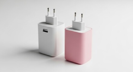 Two modern usb wall chargers one white and one pink with european style plugs on a clean white background