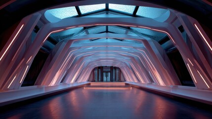 A sleek and modern space features vibrant lighting and a unique architectural design.