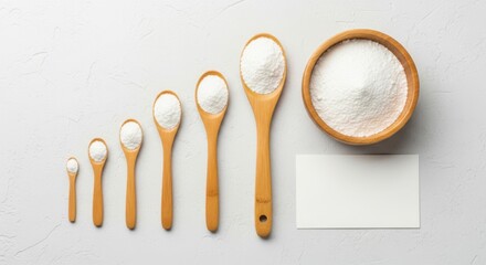 A collection of wooden spoons of varying sizes filled with white powder alongside a bowl of the same substance
