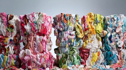 Piles of vibrant fabric scraps are neatly stacked showcasing sustainable textile practices in a creative display.