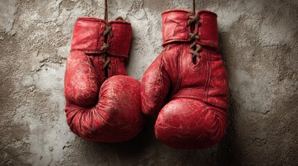 Hanging red boxing gloves showcase wear and history in a rustic gym symbolizing dedication to training.