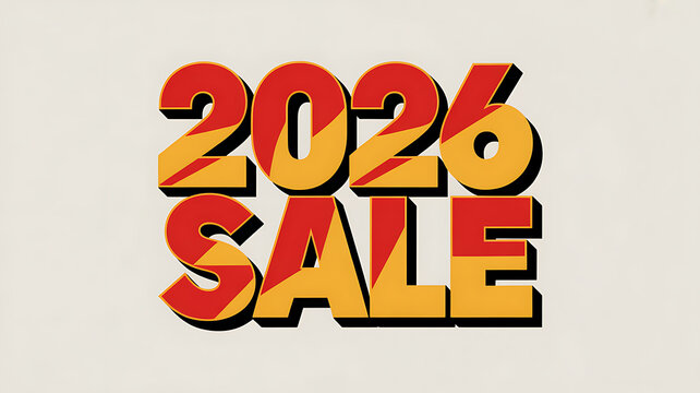 Retro 2026 sale design featuring stacked numbers and text in red and yellow, evoking a vintage promotional style for upcoming sales events