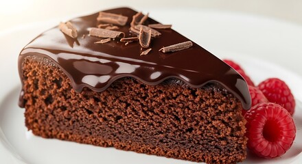 Decadent chocolate cake slice with fresh raspberries and chocolate shavings