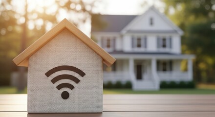 Smart home technology concept a miniature house model with a wi fi symbol in front of a blurred residential building