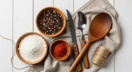Overhead view of rustic kitchen ingredients and utensils arranged on a white wooden surface