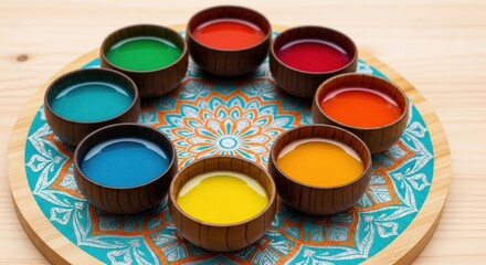 Vibrant array of colorful powders arranged in small wooden cups on a decorative tray