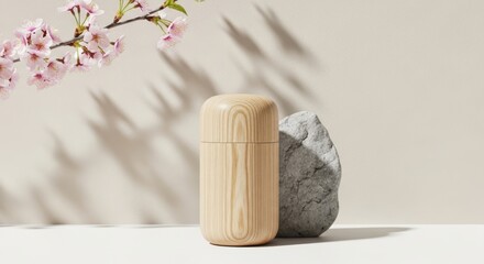 Natural bamboo toothbrush holder with cherry blossom branch and textured stone accent