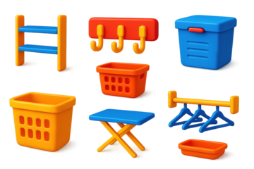 Laundry Room Icons. 3D icon set of laundry room organization: shelves, hooks, storage bins, baskets, folding tables, hanging rods.