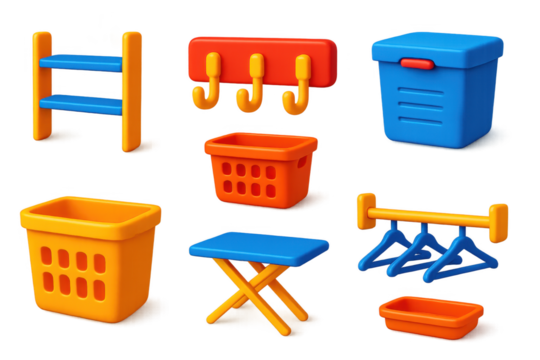 Laundry Room Icons. 3D icon set of laundry room organization: shelves, hooks, storage bins, baskets, folding tables, hanging rods.