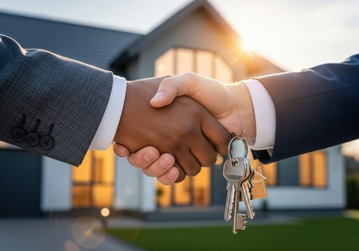 Sealing the deal a handshake with keys to a new home representing opportunity and success in real estate market