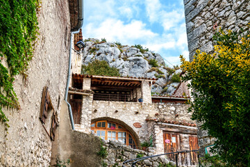 The narrow streets of the old village Trigance in Provence, France