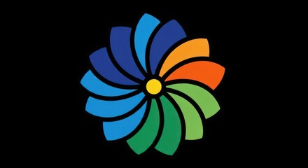 Colorful abstract flower spiral logo on black background.